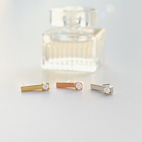 Sterling Silver Minimal Bar CZ Earrings Studs her - Picture 6 of 6
